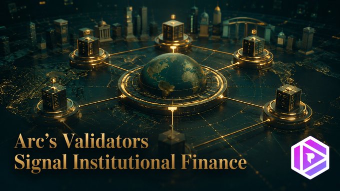 A promotional graphic with a golden globe connected to skyscrapers, titled 'Arc's Validators Signal Institutional Finance', featuring a purple logo.