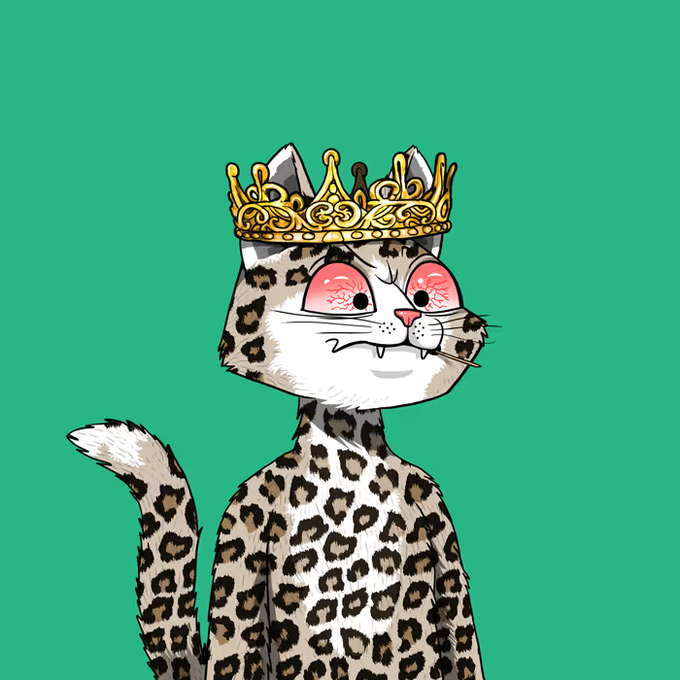 A cartoon illustration of a leopard with bloodshot red eyes wearing an ornate golden crown against a solid green background.