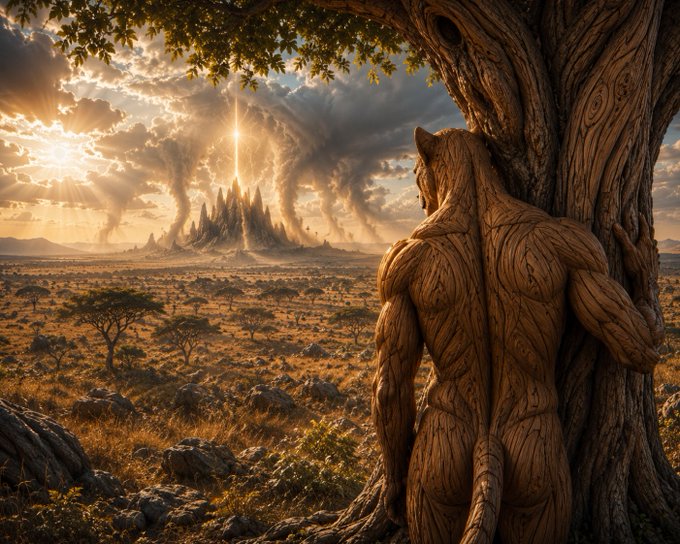 The image features a man standing next to a tree, possibly a lion's den or a carved statue, as he looks up at the sky with an expression of awe or contemplation. The background includes a desert landscape with mountains visible in the distance, suggesting that they are in Africa. The caption on the post reads "In Africa, being one with Nature gets a new meaning, and the earth feels the tremors of something awakening... $HBAR". This phrase is likely an allusion to the idea that connecting with nature can lead to a deeper understanding of our relationship with the environment and the world around us.