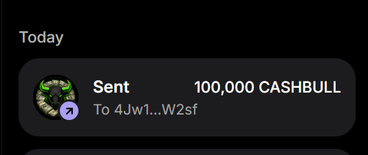 The image shows a transaction history entry indicating 100,000 CASHBULL tokens were sent to a Solana wallet address (4Jw1...W2sf). This appears to serve as proof of a completed airdrop transfer, supporting the post's claim about distributing 100,000 $CASHBULL tokens per eligible wallet as part of the Solana airdrop event.