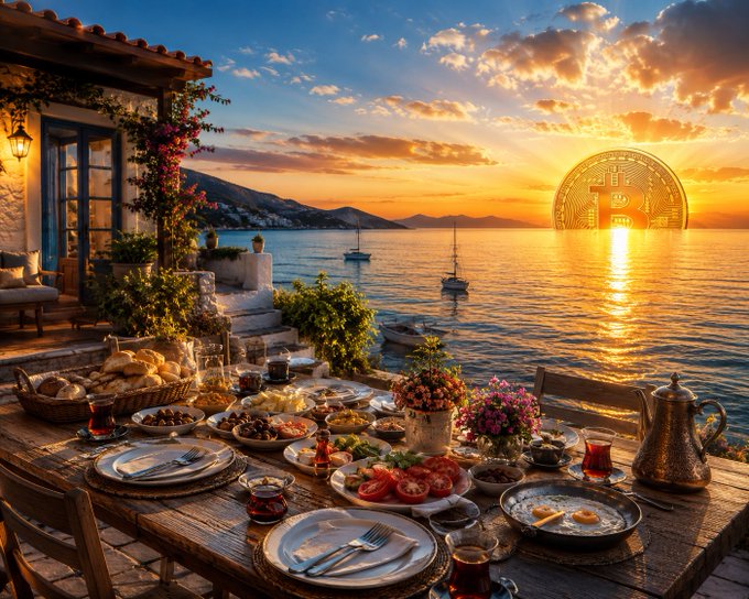 A picturesque seaside table is set for a meal at sunset, complete with various dishes, wine, and a Bitcoin logo visible in the sky over the water.
