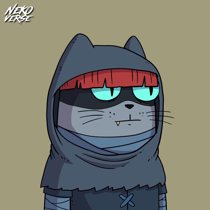 An animated illustration shows a cat-like ninja character in a dark hood with glowing cyan eyes and a small fang, branded with 'NEKOVERSE' in the top left.