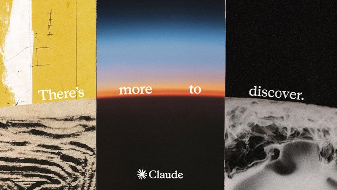 A collage of four images with the text "There's more to discover." and the Claude logo at the bottom, featuring a yellow wall, sunset, dark ocean, and a grayscale wave.