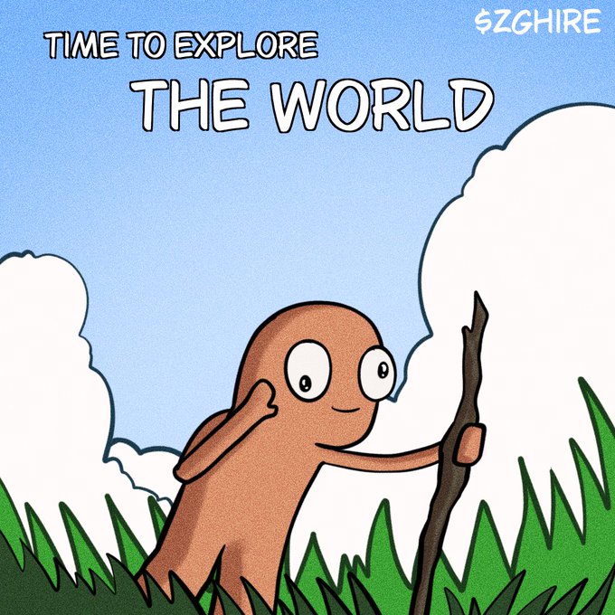 A cartoon character holds a walking stick in a grassy field under the text "TIME TO EXPLORE THE WORLD," with "$ZGHIRE" displayed in the top corner, fitting the post's promotion of the $Zghire free mint by presenting an inviting, adventure-ready vibe.