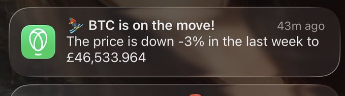 A phone notification from a lightbulb app stating 'BTC is on the move! The price is down -3% in the last week to £46,533.964', sent 43 minutes ago.