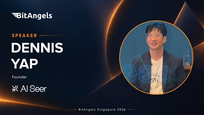 A promotional graphic for BitAngels Singapore 2026 featuring speaker Dennis Yap, Founder of AI Seer, shown smiling with glasses and a dark blazer.