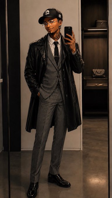 A stylish man in a sharp gray three-piece suit, black leather trench coat, and skull-cap snapback takes a mirror selfie while holding a smartphone. The polished, confident pose mirrors the post's determined, focused energy of locking in for a profitable trading week ahead.