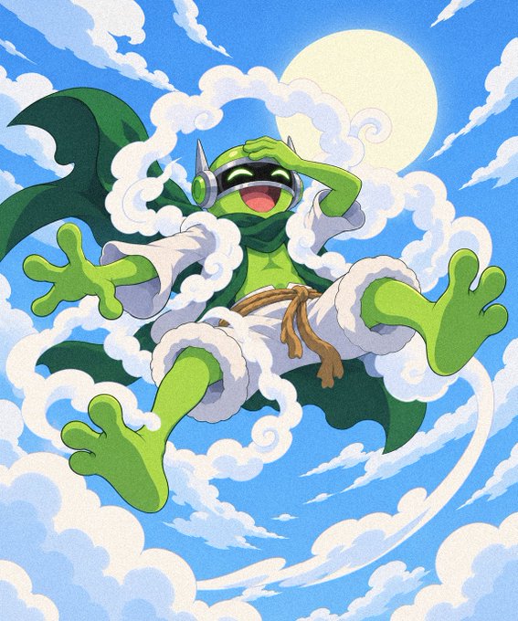 An animated illustration shows a green anthropomorphic frog character wearing headphones, a cape, and white fluffy cuffs, lounging amid clouds with a large sun behind it.
