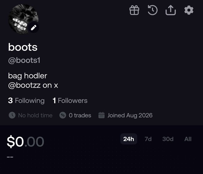 A profile page for user "boots" (@boots1) showing the account was joined in August 2026, has 1 follower and 0 trades, with a $0.00 portfolio value. The image supports the post's announcement of creating a new public tracking profile to share trades, as evidenced by the fresh account with no trading history yet.