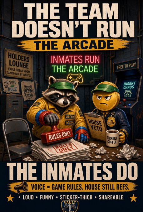 A poster featuring cartoon mascots of a raccoon and a yellow ball with text reading 'THE TEAM DOESN'T RUN THE ARCADE, INMATES RUN THE ARCADE' and 'THE INMATES DO' with a megaphone graphic.
