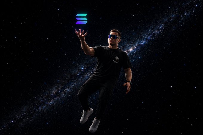 A promotional image of a man in sunglasses and black clothing reaching toward a glowing Solana logo floating in space against a starry galaxy background.