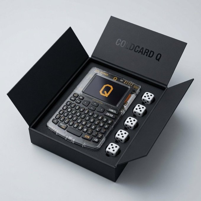 A Coldcard Q hardware wallet is shown in its opened black packaging, displaying its compact QWERTY keyboard and screen with the "Q" logo, alongside five dice that reflect the device's dice-roll entropy feature for generating secure cryptographic seeds. The accompanying text "I fixed ColdCard:" suggests the device is being highlighted as a reliable solution for cold storage, with the dice emphasizing its air-gapped, verifiable security setup.