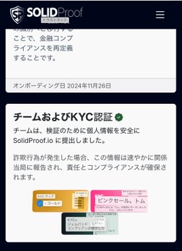 A Japanese-language mobile screenshot for SolidProof.io detailing a team and KYC verification process, dated November 26, 2024.