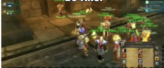 The image shows a group of people standing around each other with various items scattered about them. The main focus is on two individuals who are holding up a sign that says "gonna start bidding $SOL here again (spot) seeing signs of life, now just need fuel". This suggests that the players might be preparing for an auction or event related to the game.