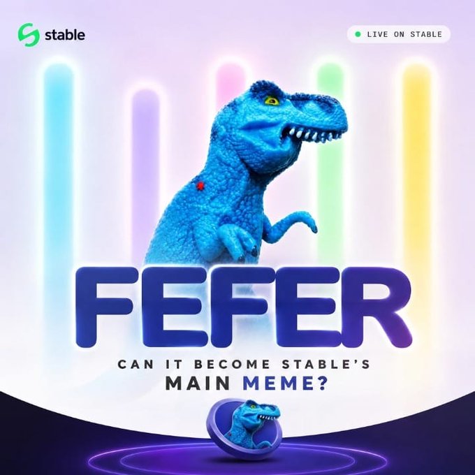 A promotional graphic for the cryptocurrency Stable featuring a blue dinosaur mascot named FEFER, asking 'CAN IT BECOME STABLE'S MAIN MEME?' with a 'LIVE ON STABLE' indicator in the top right corner.
