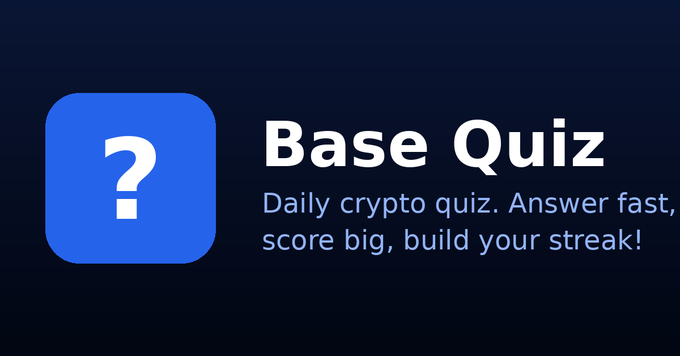 The image features a blue square with a white question mark inside of it, which appears to be part of an advertisement for a daily crypto trivia app called Base Quiz. The app's name is displayed below the question mark, along with its description that reads "Daily crypto Quiz. Answer faster, score big, build your streak!".
