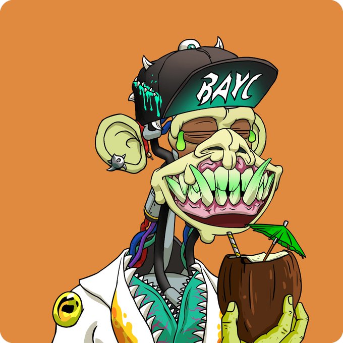 An illustrated cartoon zombie monkey wearing a 'BAYC' cap holds a coconut drink with an umbrella against an orange background.