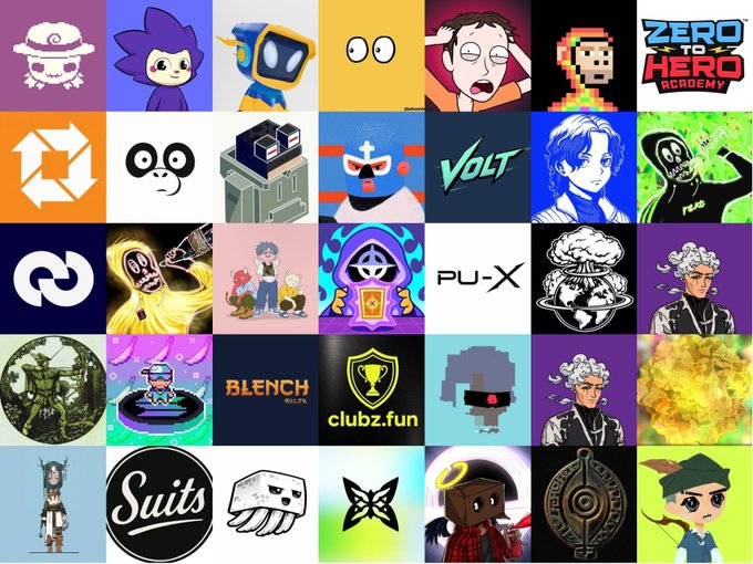 A grid of various NFT collection thumbnails featuring diverse digital art styles, including characters, logos, and game assets, with visible text such as 'ZERO TO HERO ACADEMY', 'VOLT', 'BLENCH MOLLY', 'clubz.fun', and 'PU-X'.