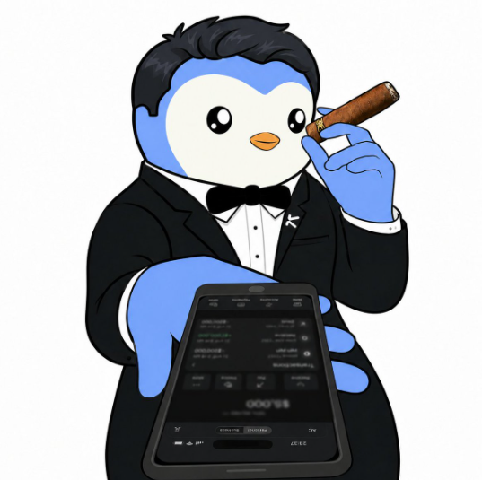 An illustrated penguin mascot in a tuxedo smokes a cigar while holding up a smartphone displaying an app interface.