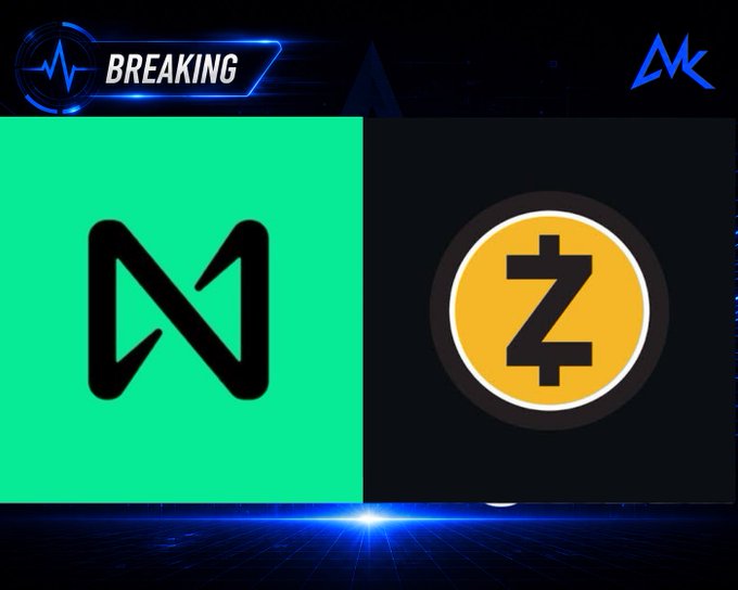 A 'BREAKING' news-style graphic featuring the logos of NEAR Protocol (N) and Zcash (Z) side by side against a blue tech-themed background.