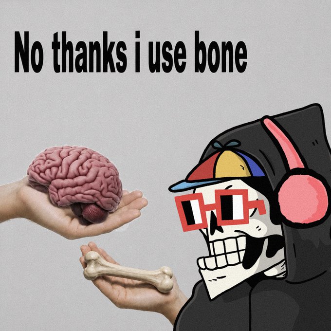 A meme image shows two hands offering a brain and a bone to a skull character wearing a propeller cap and red pixelated sunglasses, with text reading 'No thanks i use bone'.