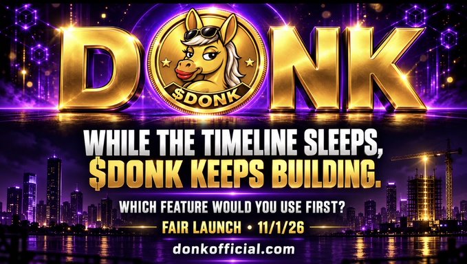 A promotional graphic for '$DONK' cryptocurrency featuring a golden unicorn logo, with text reading 'WHILE THE TIMELINE SLEEPS, $DONK KEEPS BUILDING,' 'WHICH FEATURE WOULD YOU USE FIRST?' and 'FAIR LAUNCH • 11/1/26' along with 'donkofficial.com'.
