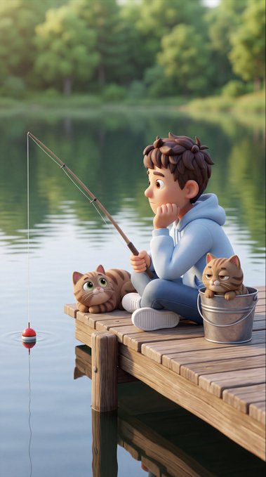 A 3D-rendered boy in a blue hoodie sits on a wooden dock fishing, accompanied by two orange tabby cats, one of which sits in a metal bucket.