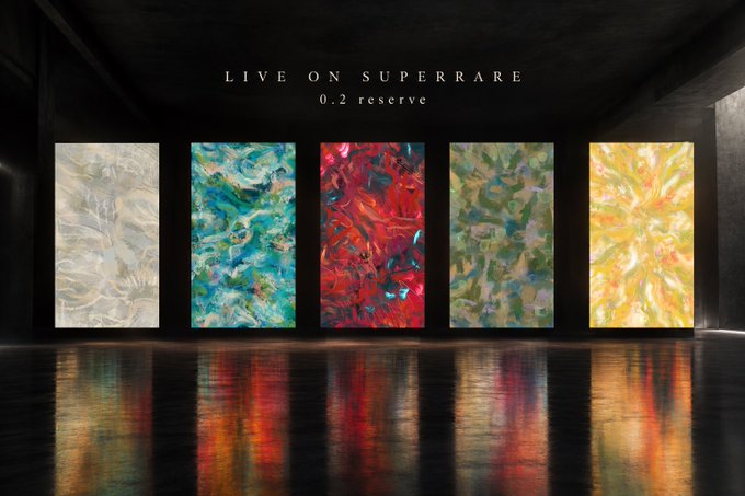 A promotional display titled 'LIVE ON SUPERRARE 0.2 reserve' showing five colorful abstract art panels in a dark room.