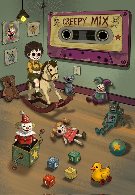 A creepy, horror-themed children's playroom illustration, featuring a "CREEPY MIX" cassette tape on the wall, and disturbing versions of toys including a jack-in-the-box, a doll, a rocking horse, and a toy robot, with alphabet blocks scattered on the floor.