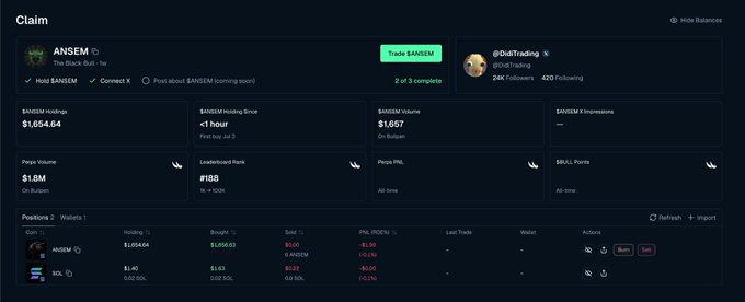 The image shows a Bullpen claim page for the $ANSEM token airdrop, displaying holdings of $1,654.64, a 1-hour holding time, volume of $1,657, and leaderboard rank of #188, with a portfolio showing ANSEM and SOL positions. This aligns with the post's announcement of the airdrop claim page at bullpen.fi/@diditrading, requiring users to hold $ANSEM to qualify.