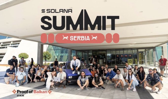 A group photo from 'SOLANA SUMMIT' in Serbia (dated 27.9.26) by 'Proof of Balkan', showing attendees posing in front of a venue with a purple car.