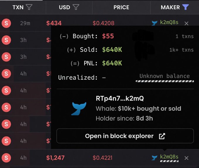 A cryptocurrency transaction tracking interface showing a wallet (RTp4n7...k2mQ) with bought $55, sold $640K, and PNL $640K. The wallet is described as a 'Whale: $10k+ bought or sold' and 'Holder since: 8d 3h'.
