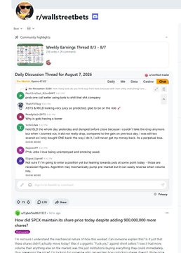 The image displays a WallStreetBets community post titled "Weekly Earnings Thread 8/1 - 8/7" featuring a Daily Discussion Thread from August 7, 2020, with stock mentions including GME, SPCE, and HTZ amid the historic 900,000,000 share short squeeze era. The post caption aligns with this timeframe, drawing parallels between the HTZ momentum and the second wave of the GME retail movement on WallStreetBets.