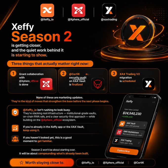 Xeffy Season 2 announcement graphic featuring Xeffy (@Xeffy_io), Xphere_official, and xaxtrading with updates on grants, security audits, and XAX Trading V2 migration.