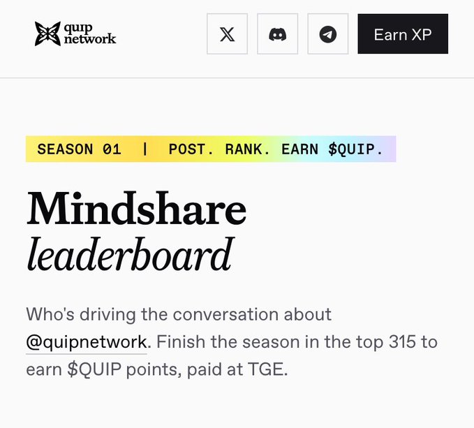 The image shows a screenshot from an email that features a list of emails displayed at the top, including one about a competition called Mindshare Leaderboard. The email also includes information about Quip Network's founder and his vision for cryptocurrency projects moving beyond mere hype and quick attention.
