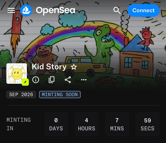 An OpenSea NFT minting page for a collection called 'Kid Story' set to mint in September 2026, with a colorful child-like doodle background featuring dinosaurs, a rainbow, rocket, and house, showing a countdown of 0 days, 4 hours, 7 minutes, 59 seconds.
