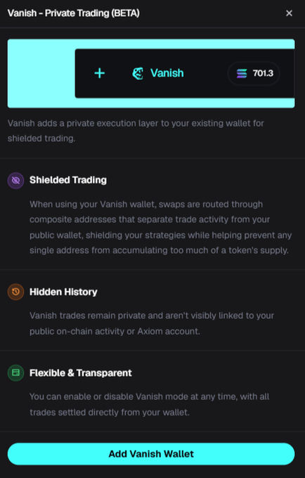 A mobile app screen titled 'Vanish - Private Trading (BETA)' showing a balance of 701.3 and features including 'Shielded Trading', 'Hidden History', and 'Flexible & Transparent', with an 'Add Vanish Wallet' button at the bottom.