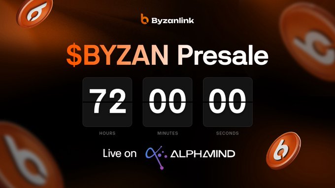 A promotional graphic for the "$BYZAN Presale" features a countdown timer showing 72 hours, 00 minutes, and 00 seconds remaining, with the text "Live on ALPHAMIND" and floating Byzanlink coin icons set against a dark background, visually reinforcing the post's call to look closer at the project on the Alphamind platform.
