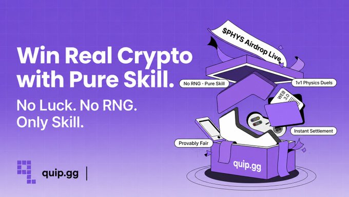 The image is a promotional graphic for Quip (quip.gg), a skill-based crypto gaming platform on Solana, featuring a purple gift box illustration with "$PHYS Airdrop Live" and tags highlighting "No RNG - Pure Skill," "1v1 Physics Duels," "Instant Settlement," and "Provably Fair," alongside the headline "Win Real Crypto with Pure Skill. No Luck. No RNG. Only Skill." It visually reinforces the post's message of Quip's RNG-free, skill-focused approach to Web3 esports gaming.