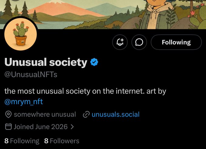 Twitter/X profile page for 'Unusual society' (@UnusualNFTs), described as 'the most unusual society on the internet. art by @mrym_nft', linked to unusuals.social, with 8 following and 8 followers.