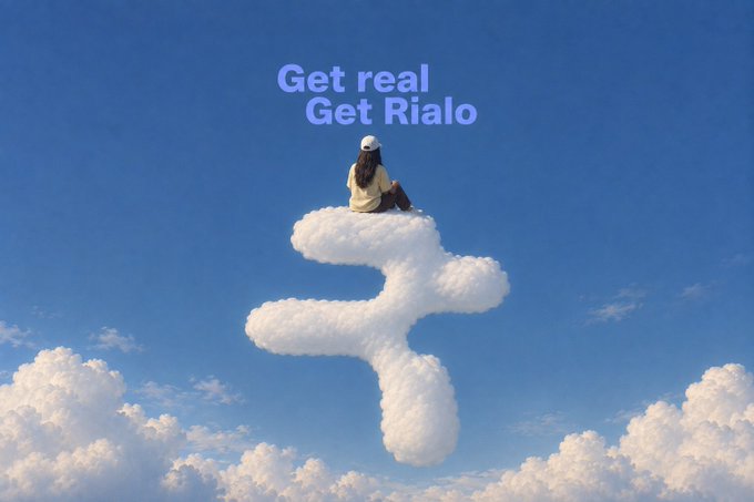 A person sits on a cloud shaped like the number "2" against a blue sky, with the text "Get real Get Rialo" displayed in light blue.