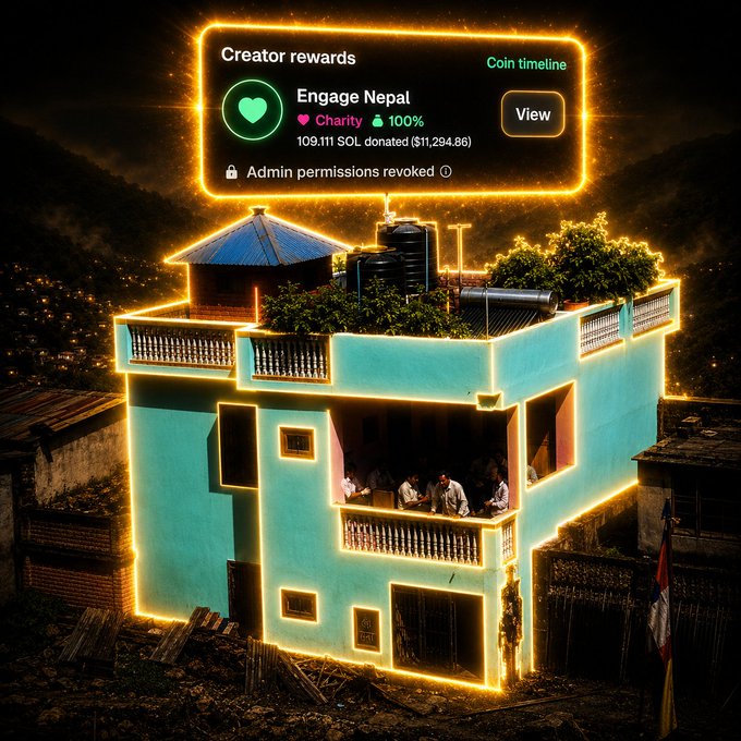A nighttime photo of a teal-colored multi-story house in Nepal with people on the balcony, outlined with glowing yellow neon lights, featuring an overlay 'Creator rewards' widget for 'Engage Nepal' showing 100% charity and 109.111 SOL donated ($11,294.86).