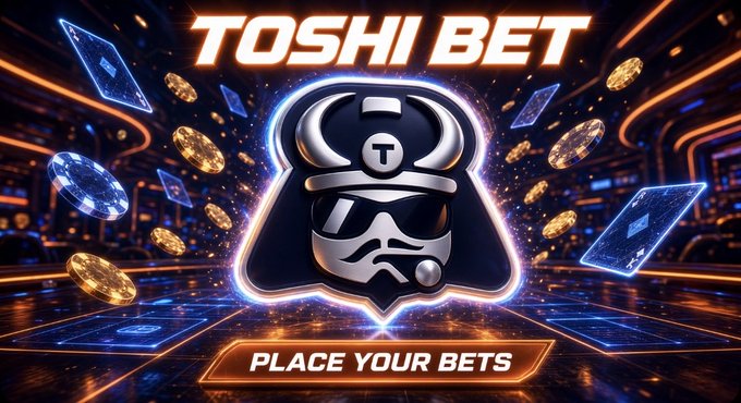 A stylized silver-helmeted figure surrounded by floating gold coins and blue casino chips dominates the image, framed by the bold text "TOSHI BET" at the top and a "PLACE YOUR BETS" button below, aligning with the post's tagline of "ToshiBet. God's chosen casino." through its divine, all-powerful casino aesthetic.