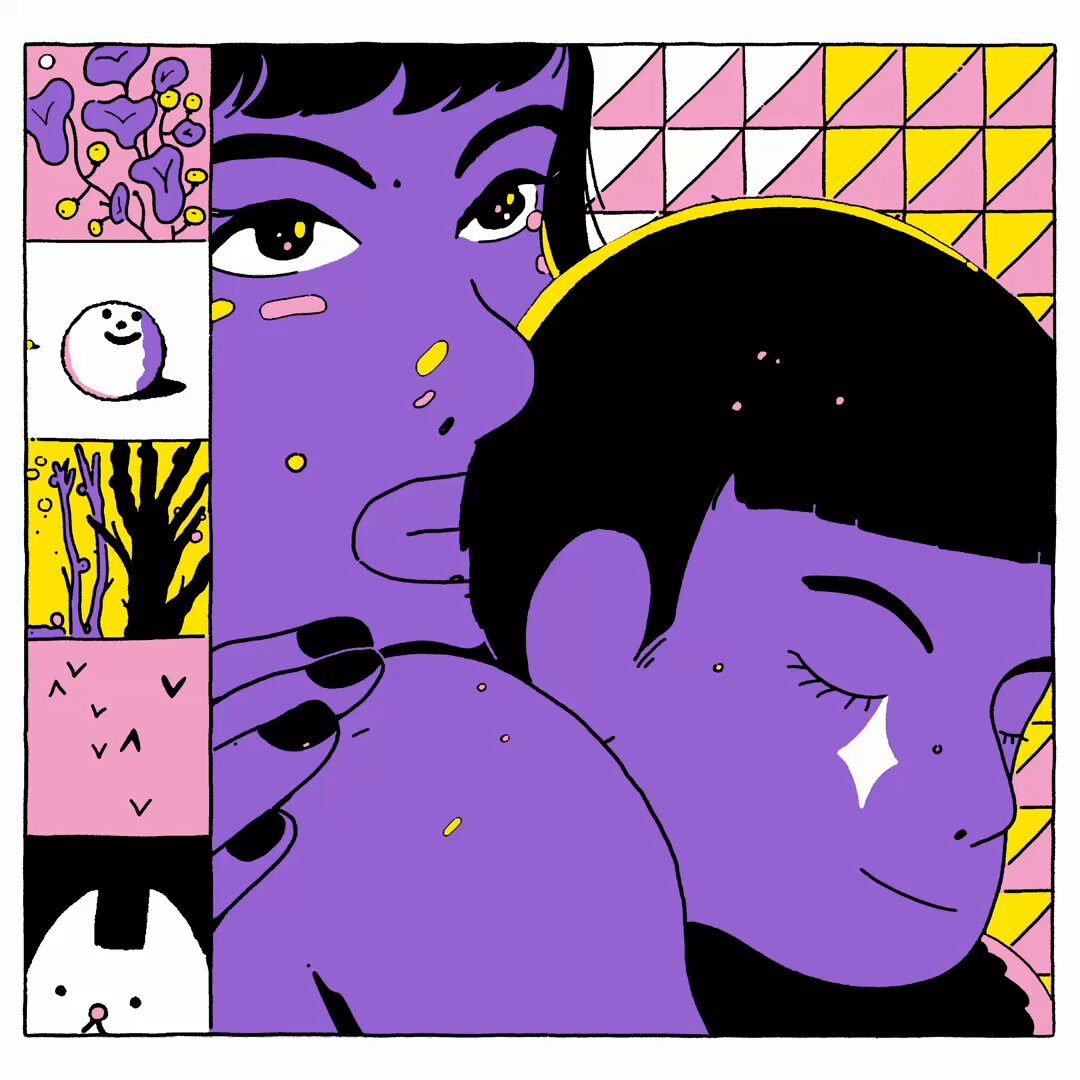 The image features a cartoon illustration with two people - one person has their face drawn in purple, while the other has their face drawn in yellow. The purple-faced person appears to be hugging or holding onto the yellow-faced person's shoulder. The background of the image is filled with various illustrations and text elements, including a post that reads "Happy #TezosTuesday Grateful to @halving_fun @DaveFromLI @Joseojeda for collecting Juro que..." which seems to be related to the cartoon illustration or the overall theme of the post.