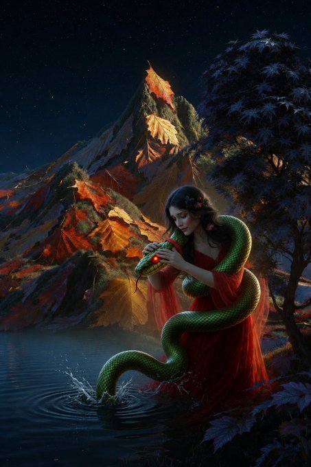 A fantasy illustration of a woman in a flowing red dress holding a large green snake by a moonlit lake, with a mountain and pine tree in the background.