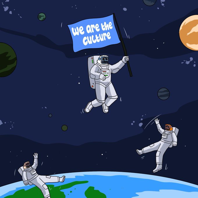 An astronaut in a space suit triumphantly waves a blue flag reading "we are the culture" while floating above Earth, with two other astronauts waving up at them, symbolizing the welcoming, community-driven ecosystem building described in the post about how @lofitheyeti draws people into the deeper @SuiNetwork.
