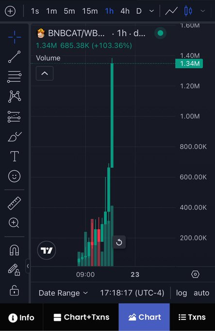 A trading chart on a mobile app displaying ticker 'BNBCAT/WB...' with a +103.36% gain and 1.34M volume shown in a 1-hour candlestick view.