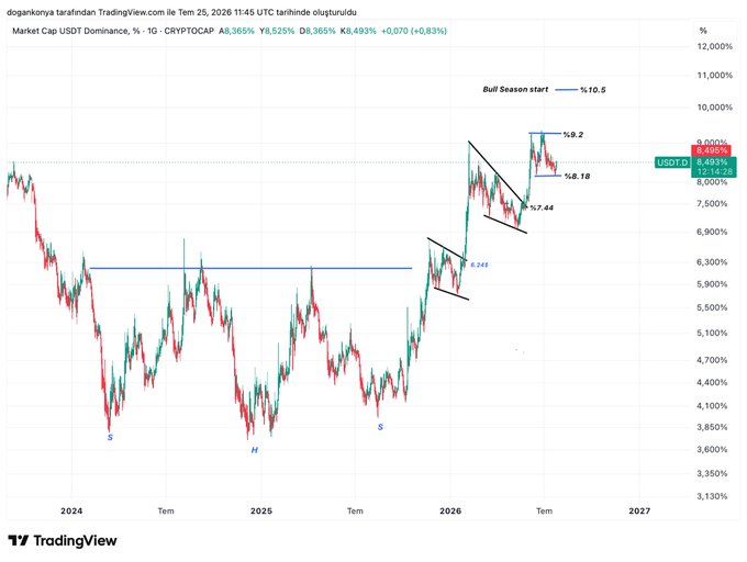 The image shows a TradingView chart of USDT Dominance (CRYPTOCAP:USDT.D) with the current value at 8.493%, displaying a "Bull Season start" flag and key technical levels at %10.5, %9.2, %8.18, %7.44, and %6.244, along with Wyckoff-style S and H markings spanning from 2024 into 2027. The chart visually reinforces the post's analysis by illustrating the 8.18% support level and 9.2% resistance level mentioned in the commentary, showing the dominance's position within a broader uptrend channel.