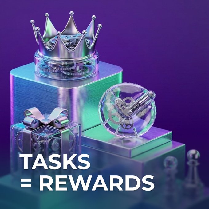A promotional graphic with a purple background displays a silver crown, a gift box with a ribbon, and a snow globe containing a gear, with large text at the bottom reading "TASKS = REWARDS".