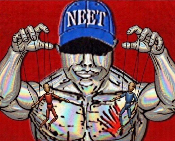 Stylized, holographic-looking illustration of a muscular figure wearing a blue cap reading "NEET", manipulating two wooden mannequins (one red, one blue) like marionettes with strings against a solid red background.
